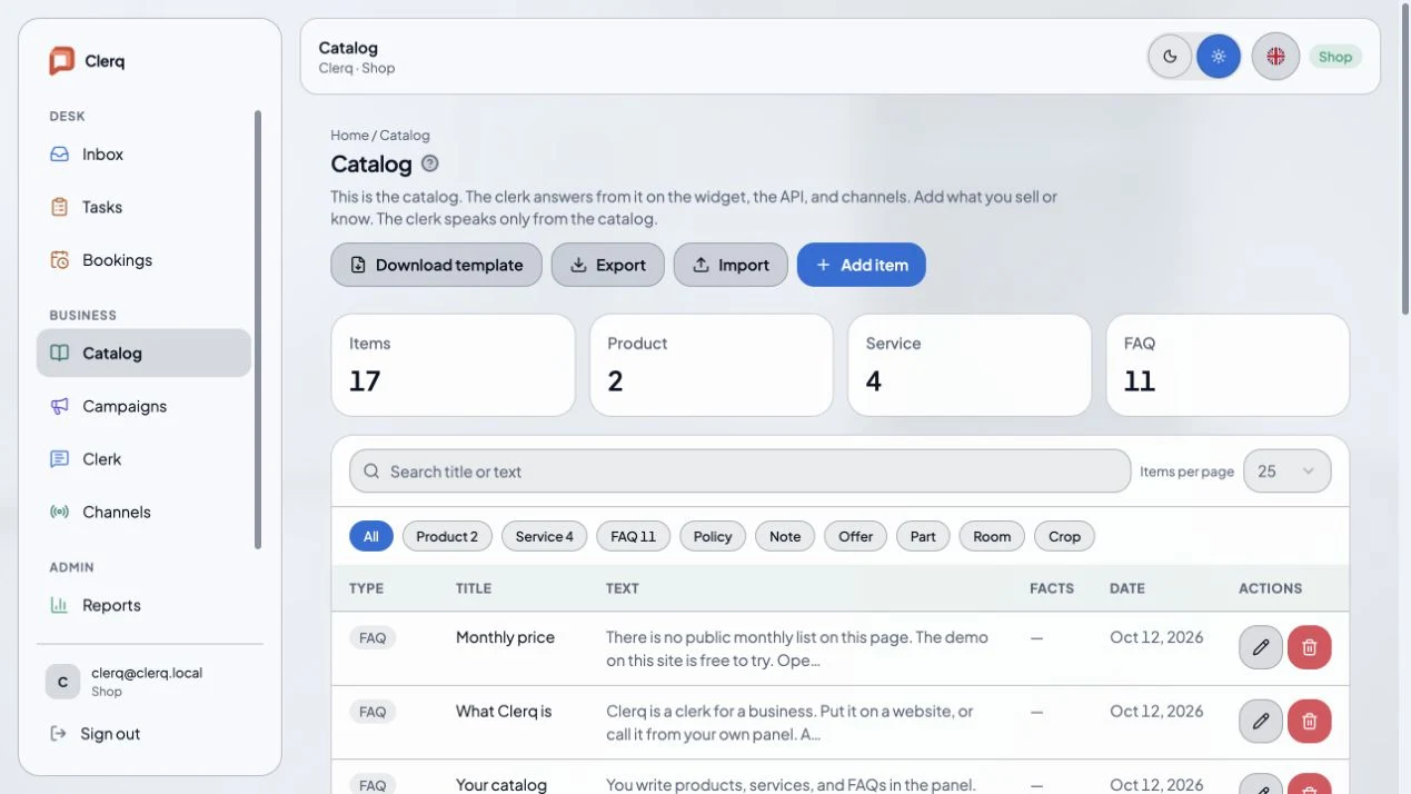 Clerq · Panel · demo catalog