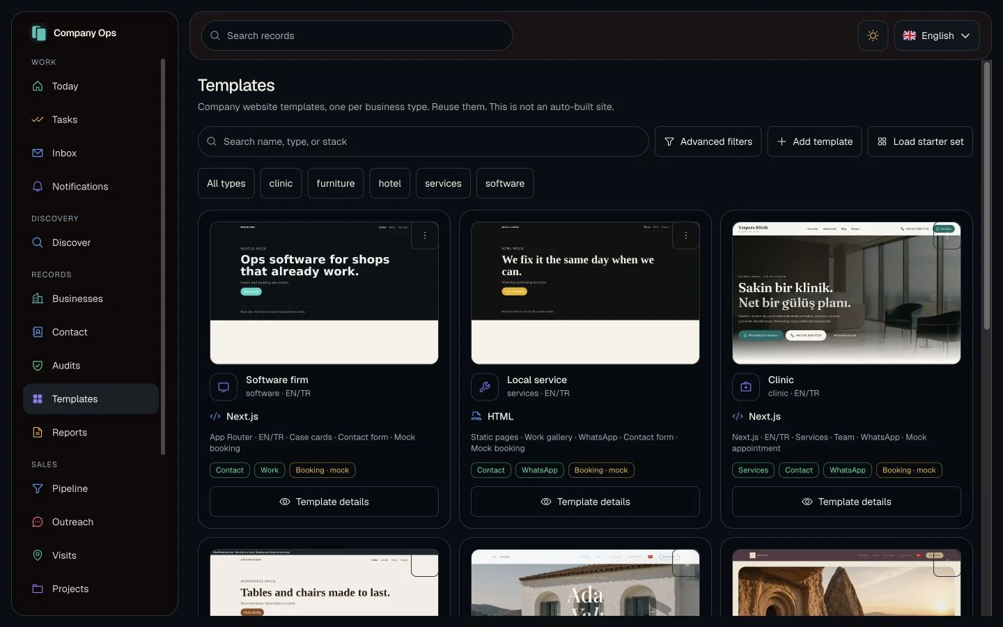 Company Ops · Template catalog · built-in starter examples
