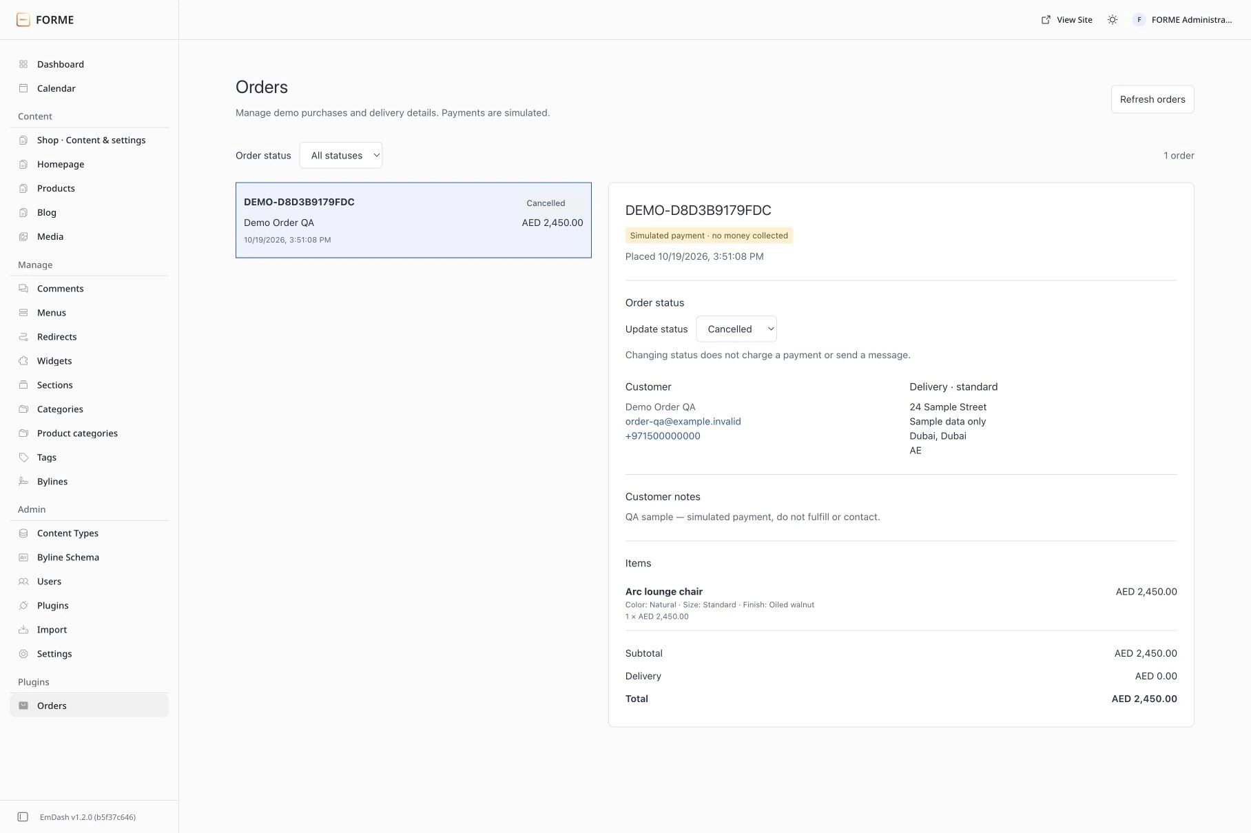 EmDash: Review saved demo orders in EmDash