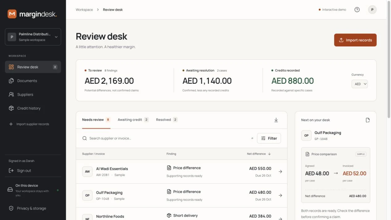 Margin Desk · Review desk · fictional sample records