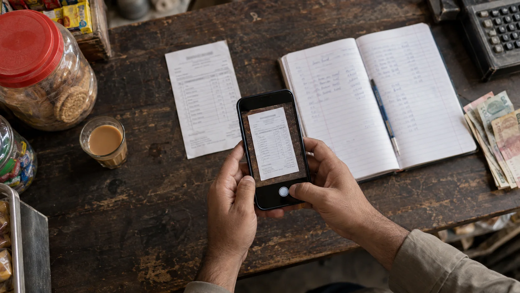Illustrated hands photographing a supplier invoice beside a shop notebook and cash.