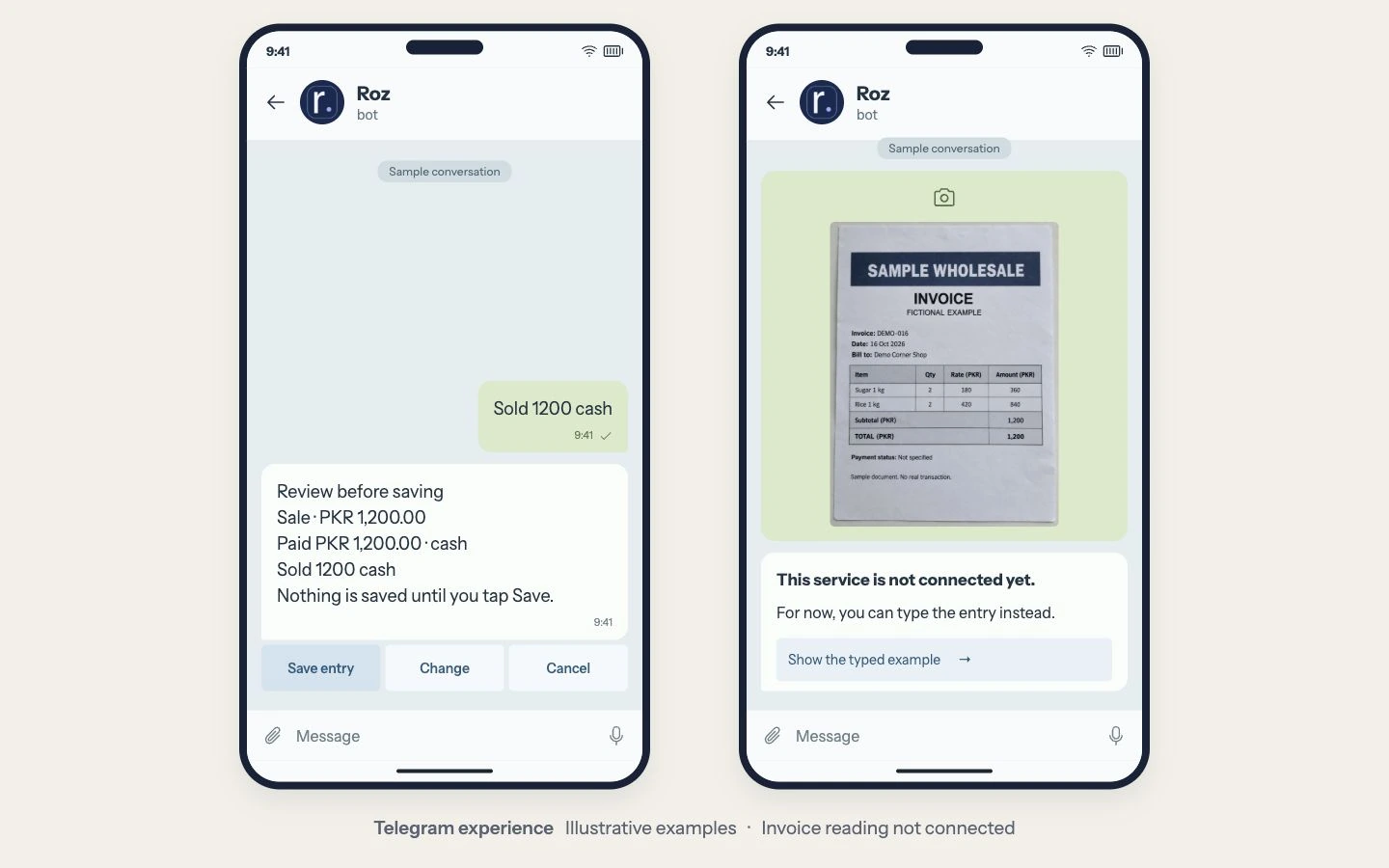 Roz · Customer Telegram experience · illustrative sample conversations