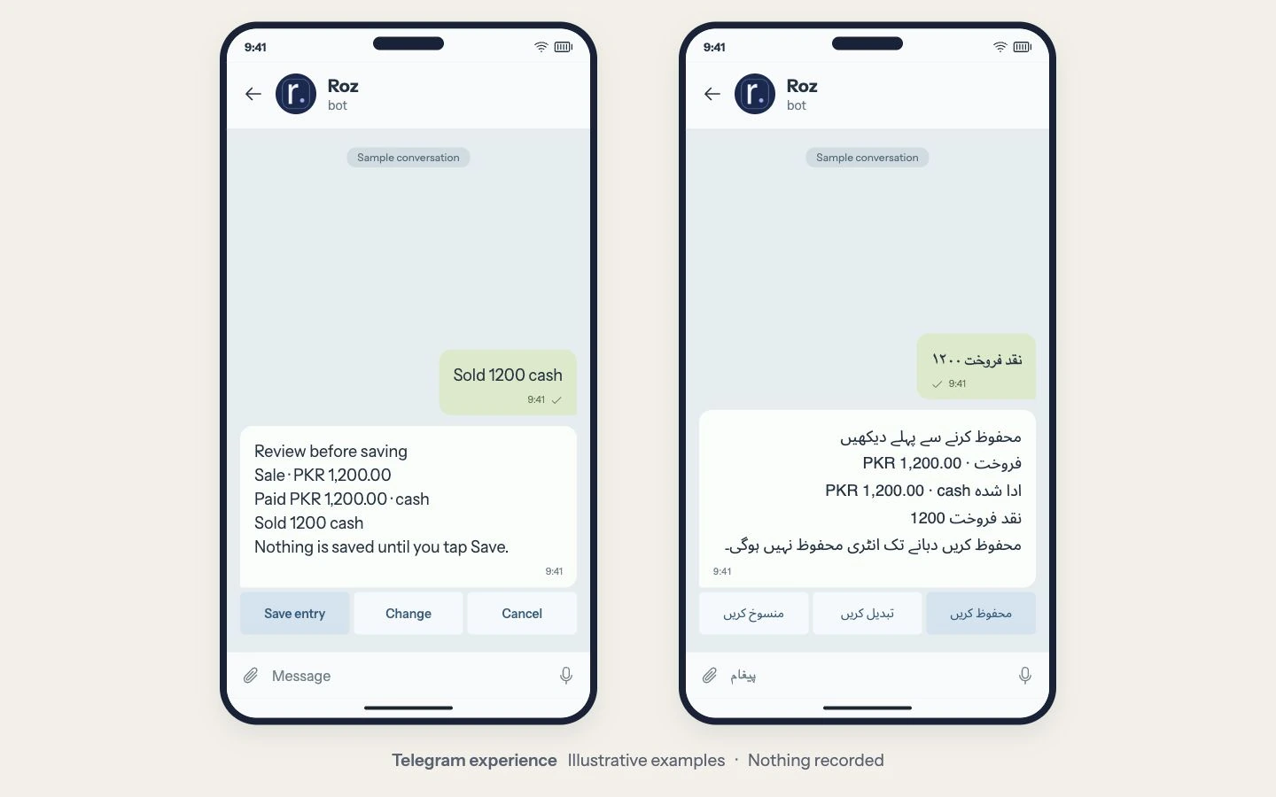 Customer Telegram experience · illustrative sample conversations