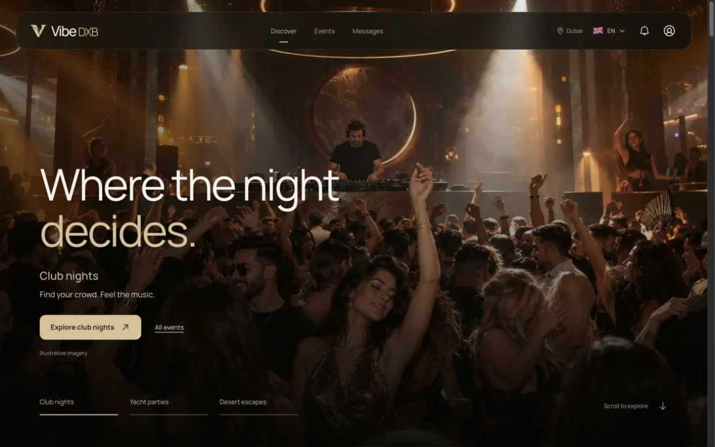 Vibe DXB · Dubai nights · illustrative imagery
