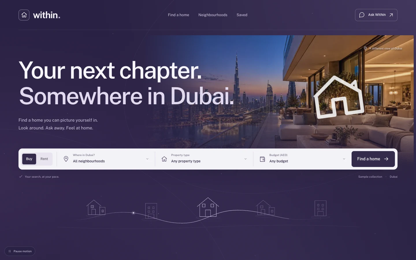 Within · Dubai home discovery · illustrative sample listings